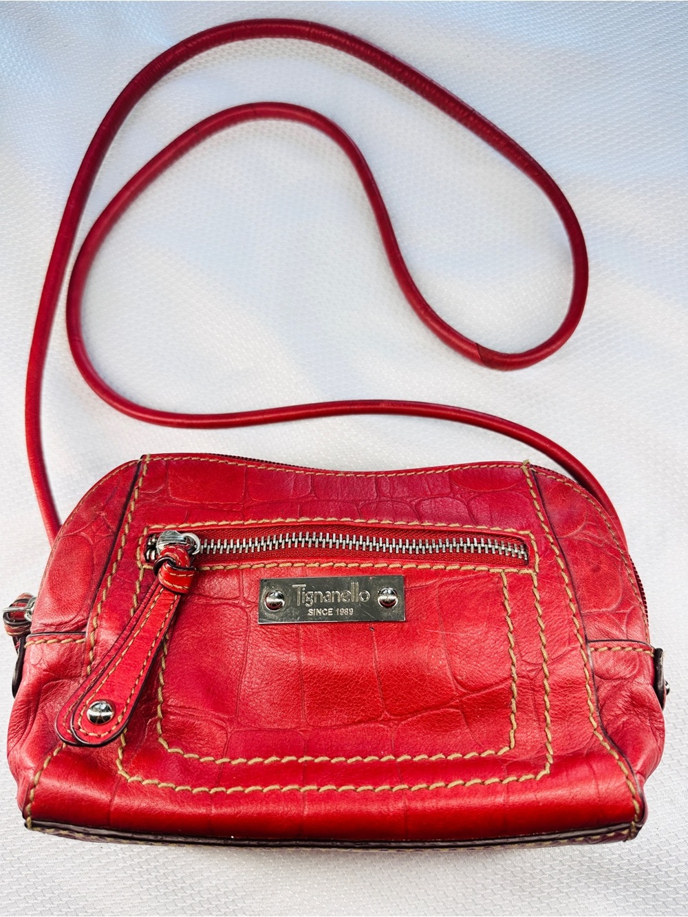 Tignanello Red Leather Shoulder Bag with Metallic Logo Plate